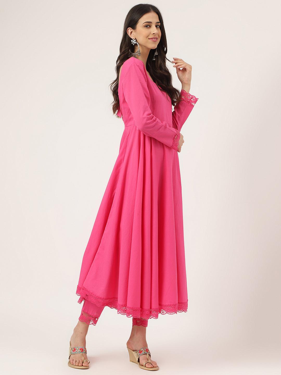 Pink Solid Anarkali Kurta Pant Set With Dupatta | LASVINI - Redefining Indian Fashion with Elegance