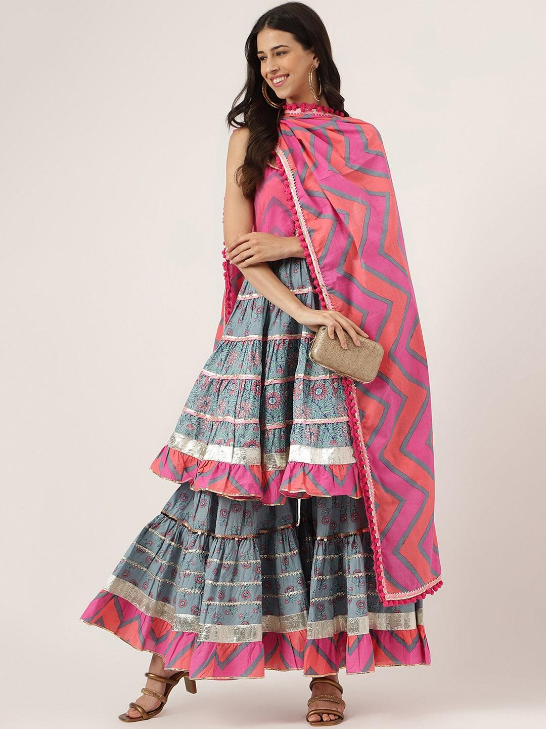Turquoise Blue Cotton Sleeves Less Anarkali Sharara Set With Dupatta | LASVINI - Redefining Indian Fashion with Elegance