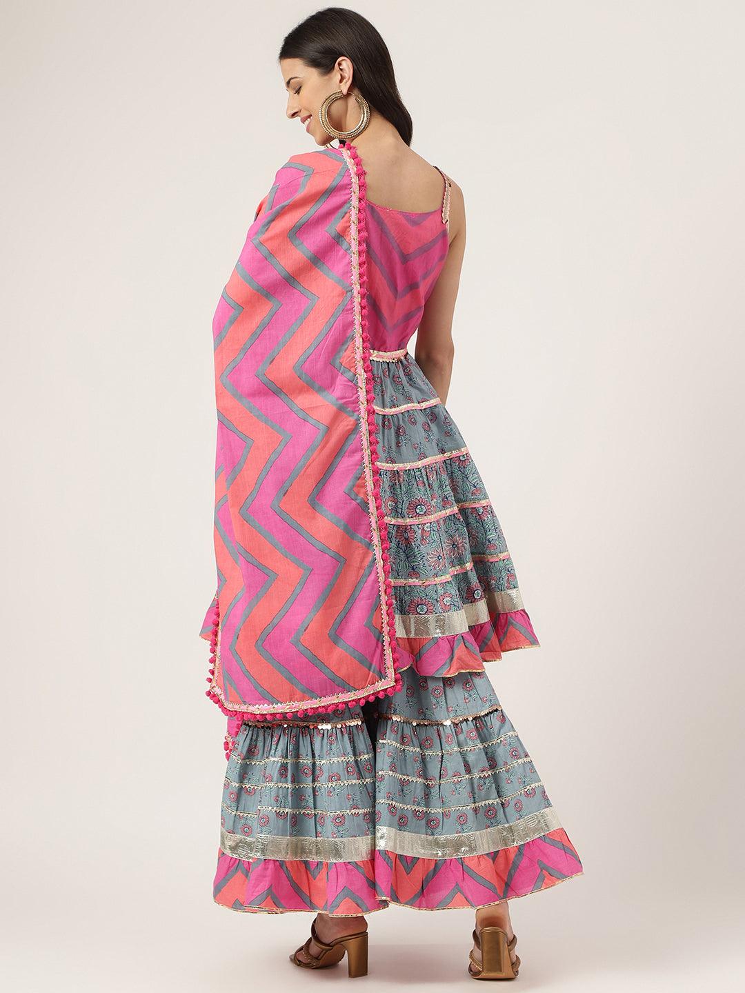 Turquoise Blue Cotton Sleeves Less Anarkali Sharara Set With Dupatta | LASVINI - Redefining Indian Fashion with Elegance