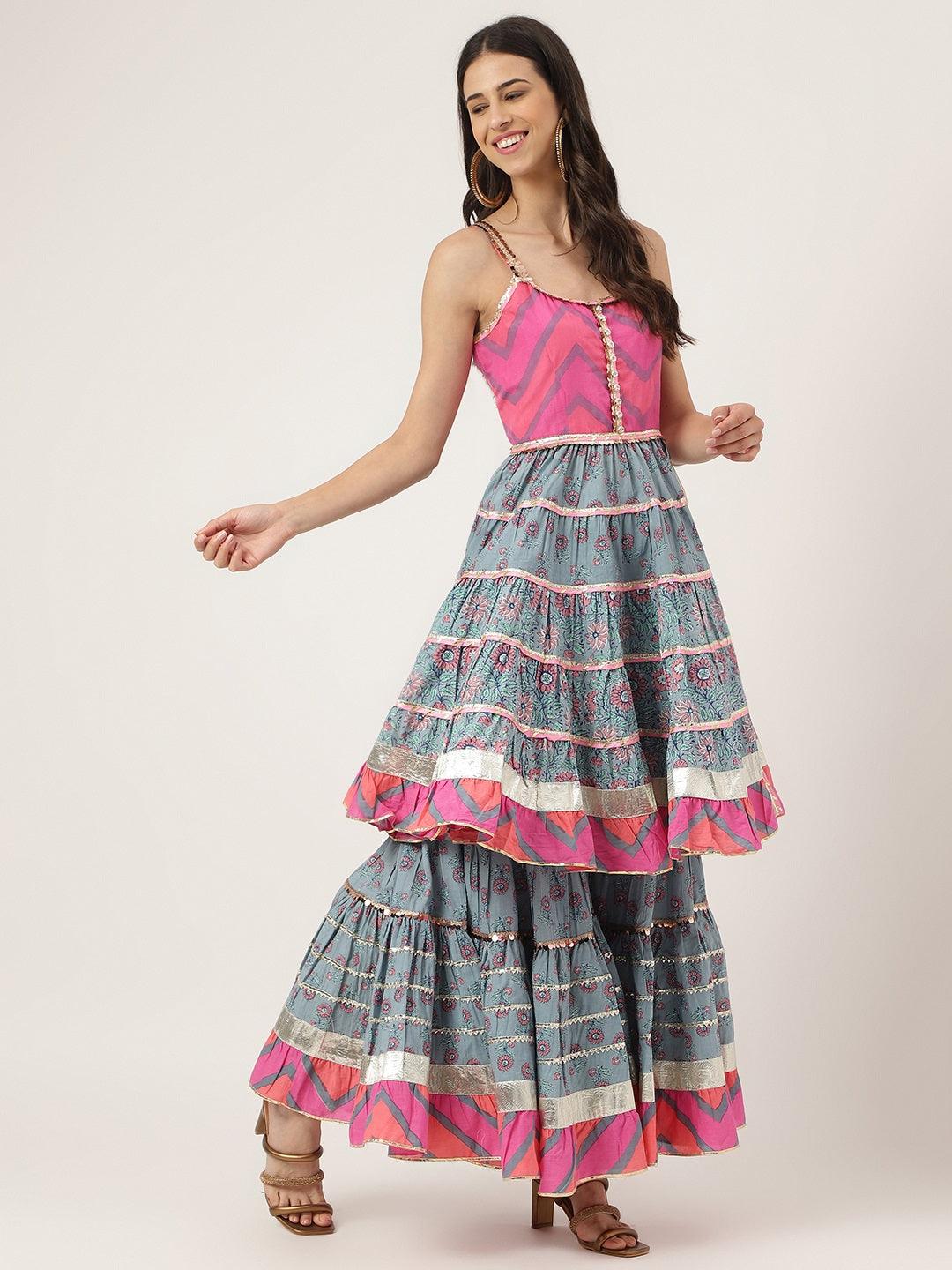 Turquoise Blue Cotton Sleeves Less Anarkali Sharara Set With Dupatta | LASVINI - Redefining Indian Fashion with Elegance