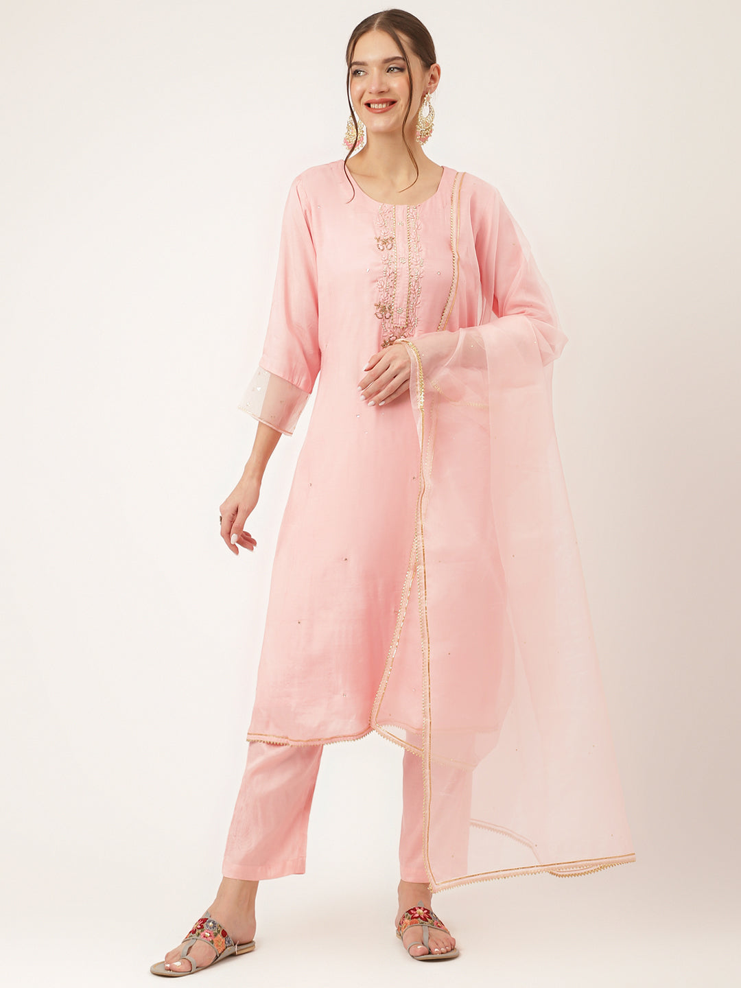 Baby Pink Embroidered Chanderi Kurta, Trouser With Dupatta | LASVINI - Redefining Indian Fashion with Elegance