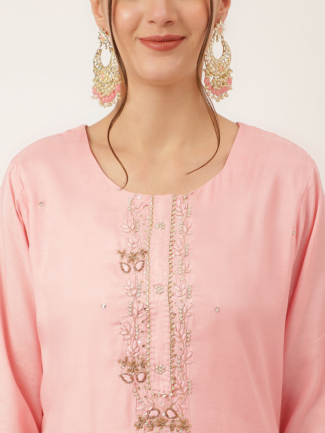 Baby Pink Embroidered Chanderi Kurta, Trouser With Dupatta | LASVINI - Redefining Indian Fashion with Elegance