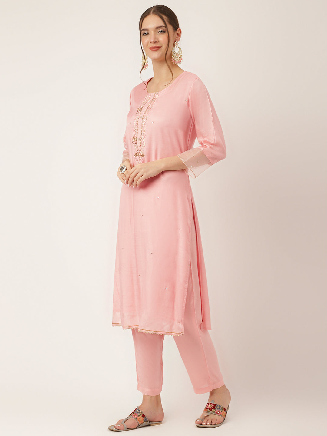 Baby Pink Embroidered Chanderi Kurta, Trouser With Dupatta | LASVINI - Redefining Indian Fashion with Elegance