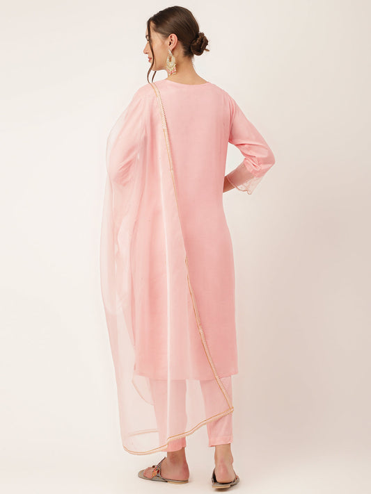 Baby Pink Embroidered Chanderi Kurta, Trouser With Dupatta | LASVINI - Redefining Indian Fashion with Elegance