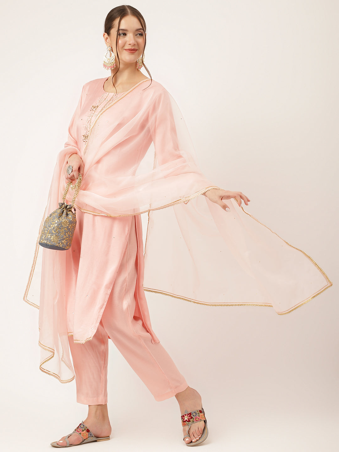 Baby Pink Embroidered Chanderi Kurta, Trouser With Dupatta | LASVINI - Redefining Indian Fashion with Elegance