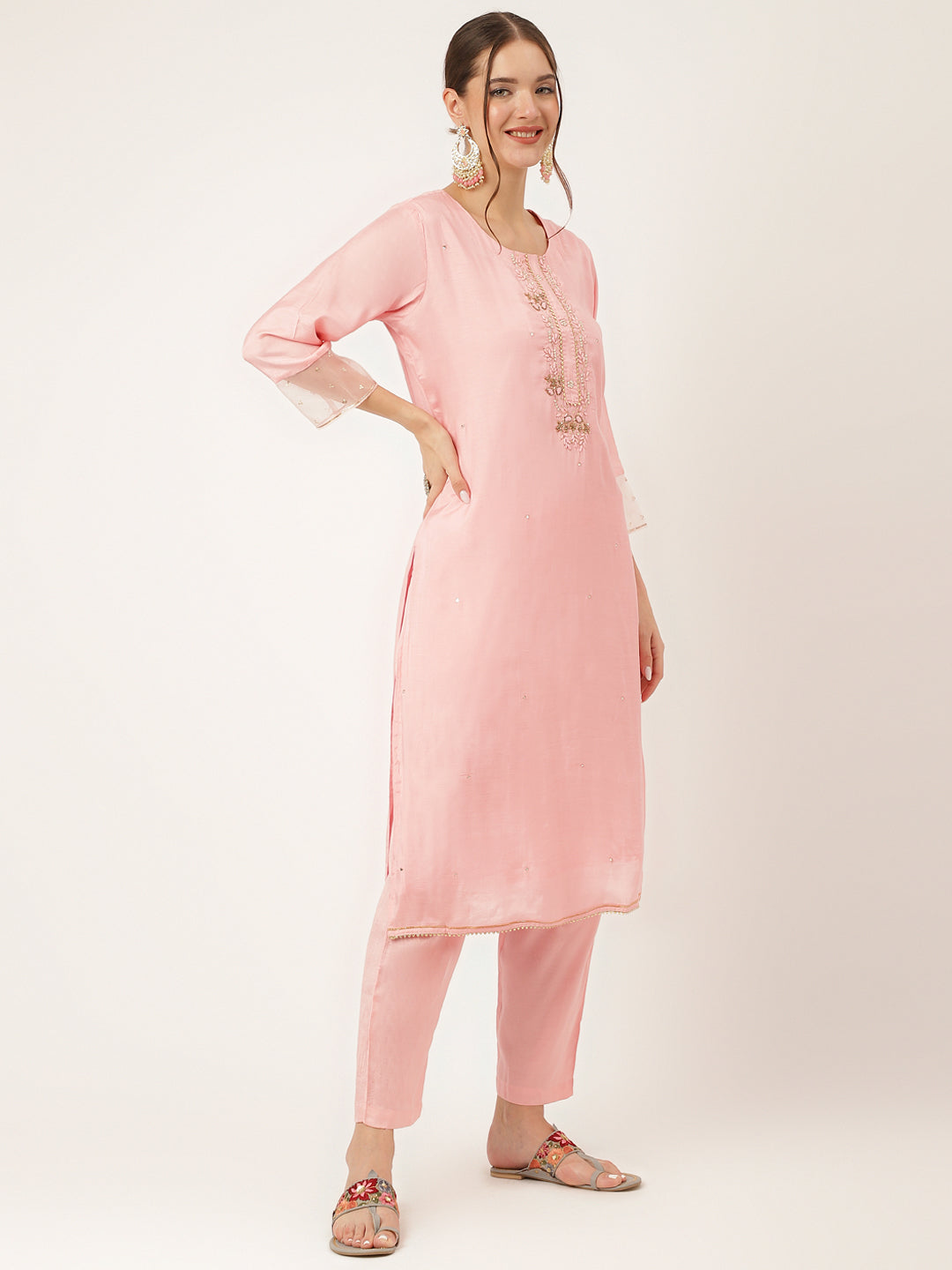 Baby Pink Embroidered Chanderi Kurta, Trouser With Dupatta | LASVINI - Redefining Indian Fashion with Elegance