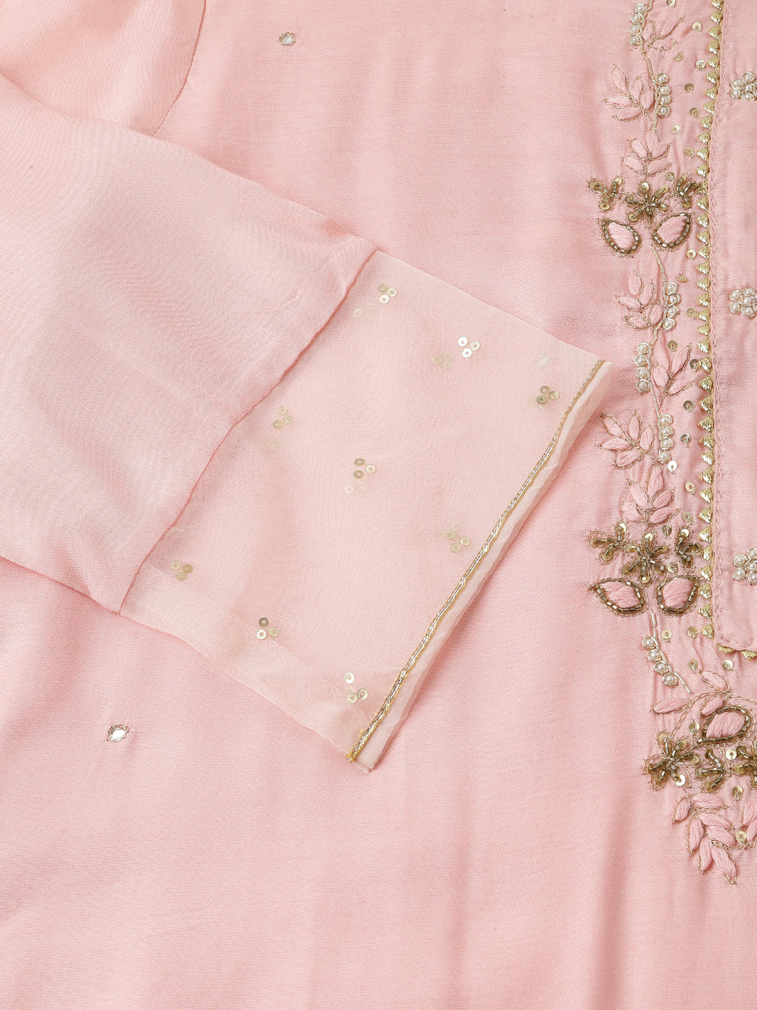 Baby Pink Embroidered Chanderi Kurta, Trouser With Dupatta | LASVINI - Redefining Indian Fashion with Elegance