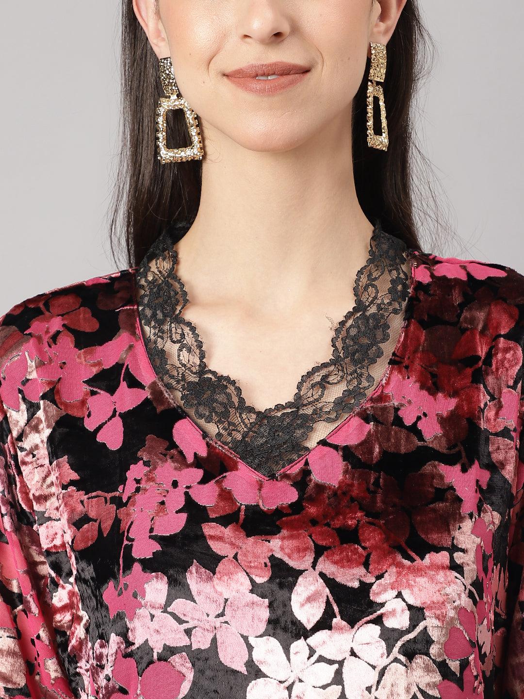 Pink Burn Out Velvet Kurta Haram Pant With Organza Dupatta | LASVINI - Redefining Indian Fashion with Elegance