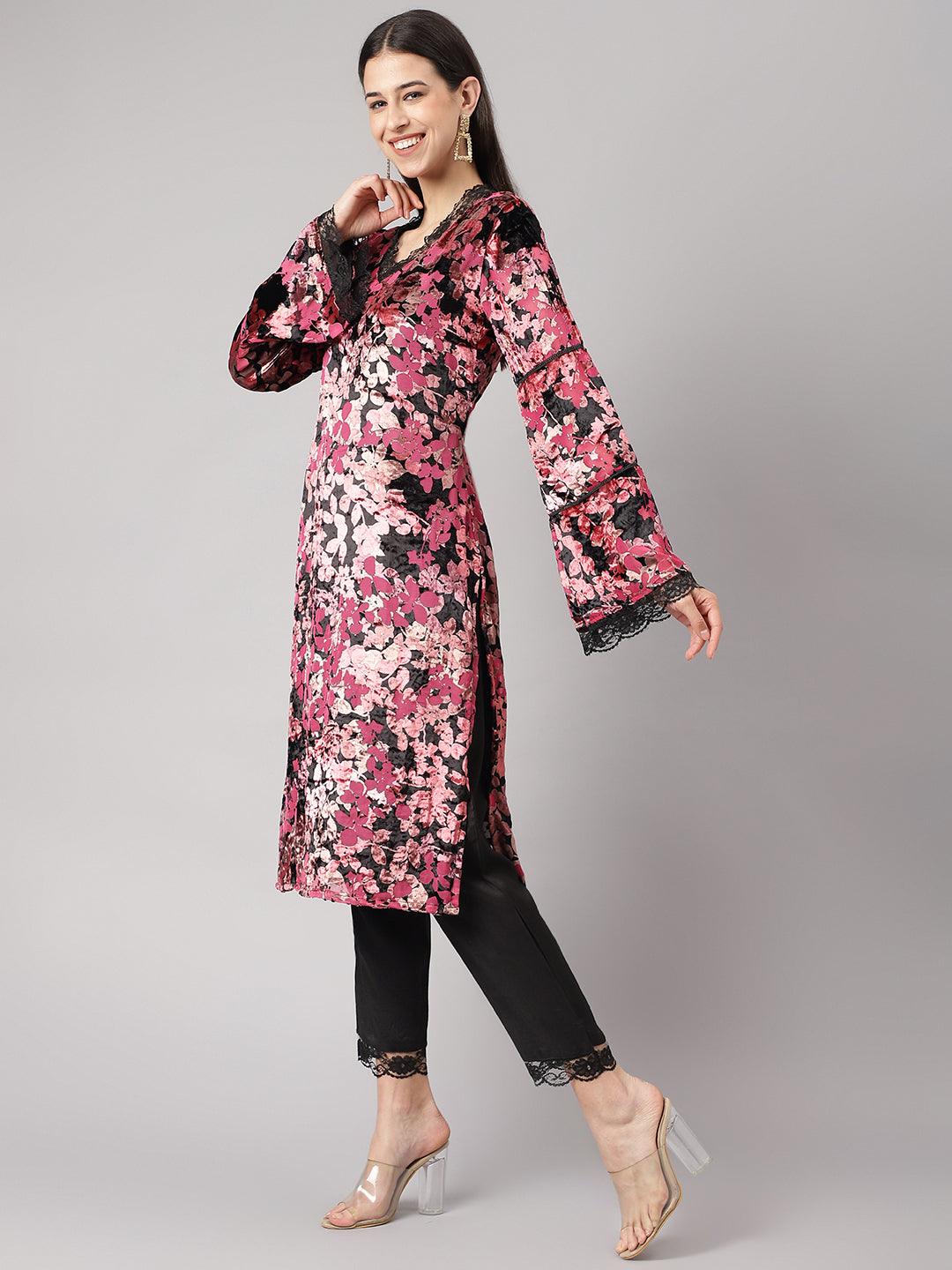 Pink Burn Out Velvet Kurta Haram Pant With Organza Dupatta | LASVINI - Redefining Indian Fashion with Elegance