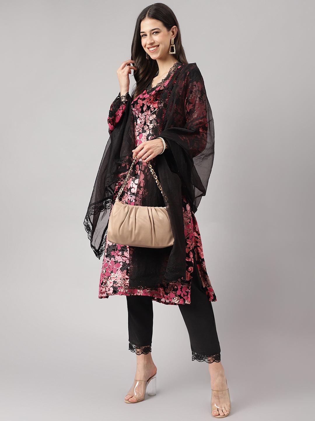 Pink Burn Out Velvet Kurta Haram Pant With Organza Dupatta | LASVINI - Redefining Indian Fashion with Elegance
