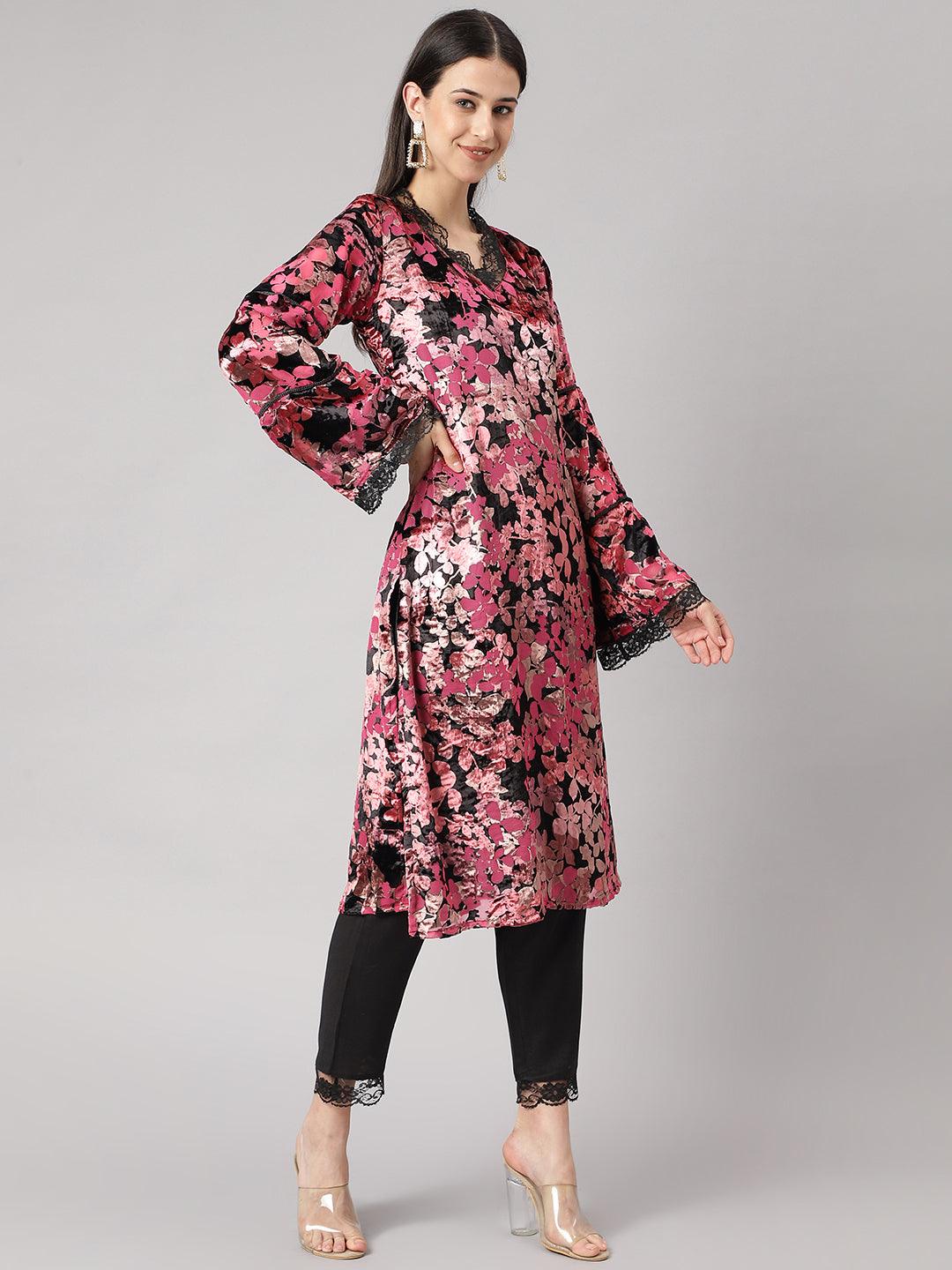 Pink Burn Out Velvet Kurta Haram Pant With Organza Dupatta | LASVINI - Redefining Indian Fashion with Elegance