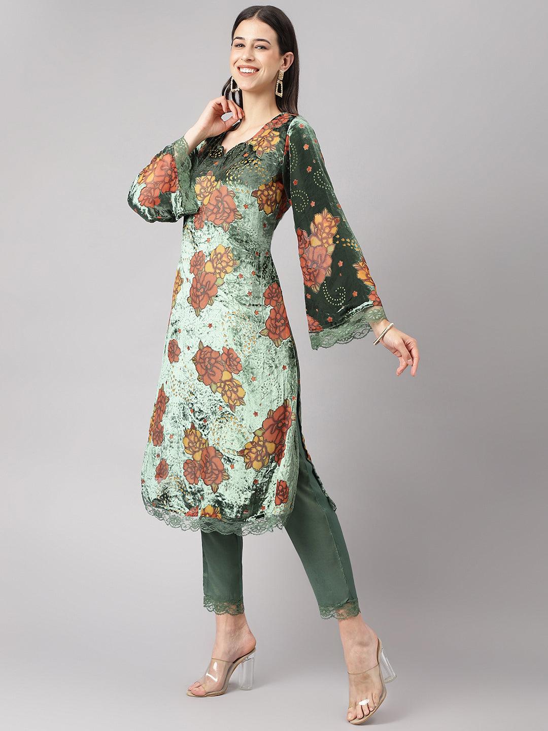 Green Burn Out Velvet Kurta Harem Pant With Organza Dupatta | LASVINI - Redefining Indian Fashion with Elegance