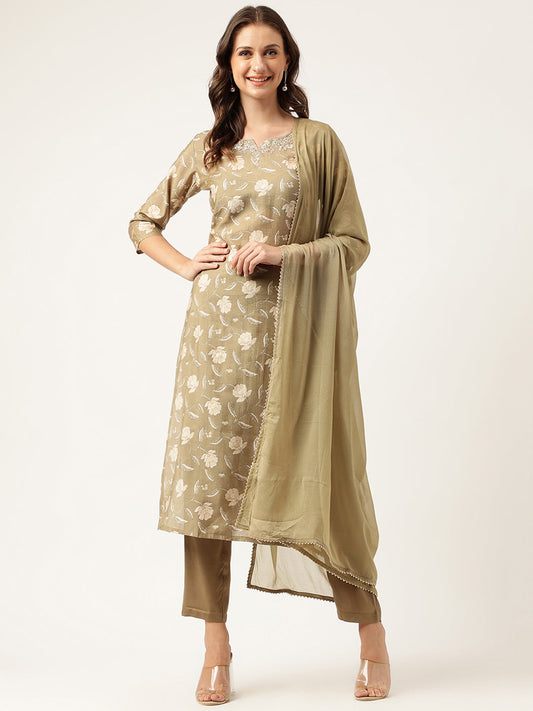 Olive Embroidered Cotton Kurta Trouser With Dupatta Set | LASVINI - Redefining Indian Fashion with Elegance