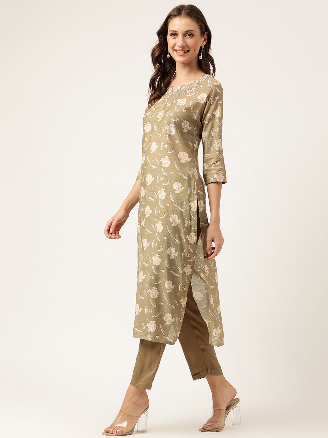 Olive Embroidered Cotton Kurta Trouser With Dupatta Set | LASVINI - Redefining Indian Fashion with Elegance