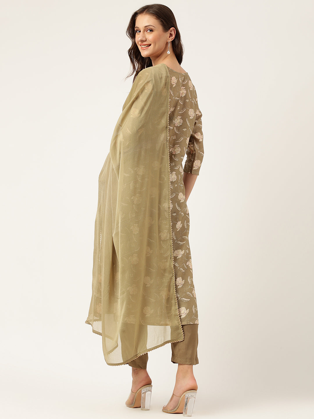 Olive Embroidered Cotton Kurta Trouser With Dupatta Set | LASVINI - Redefining Indian Fashion with Elegance