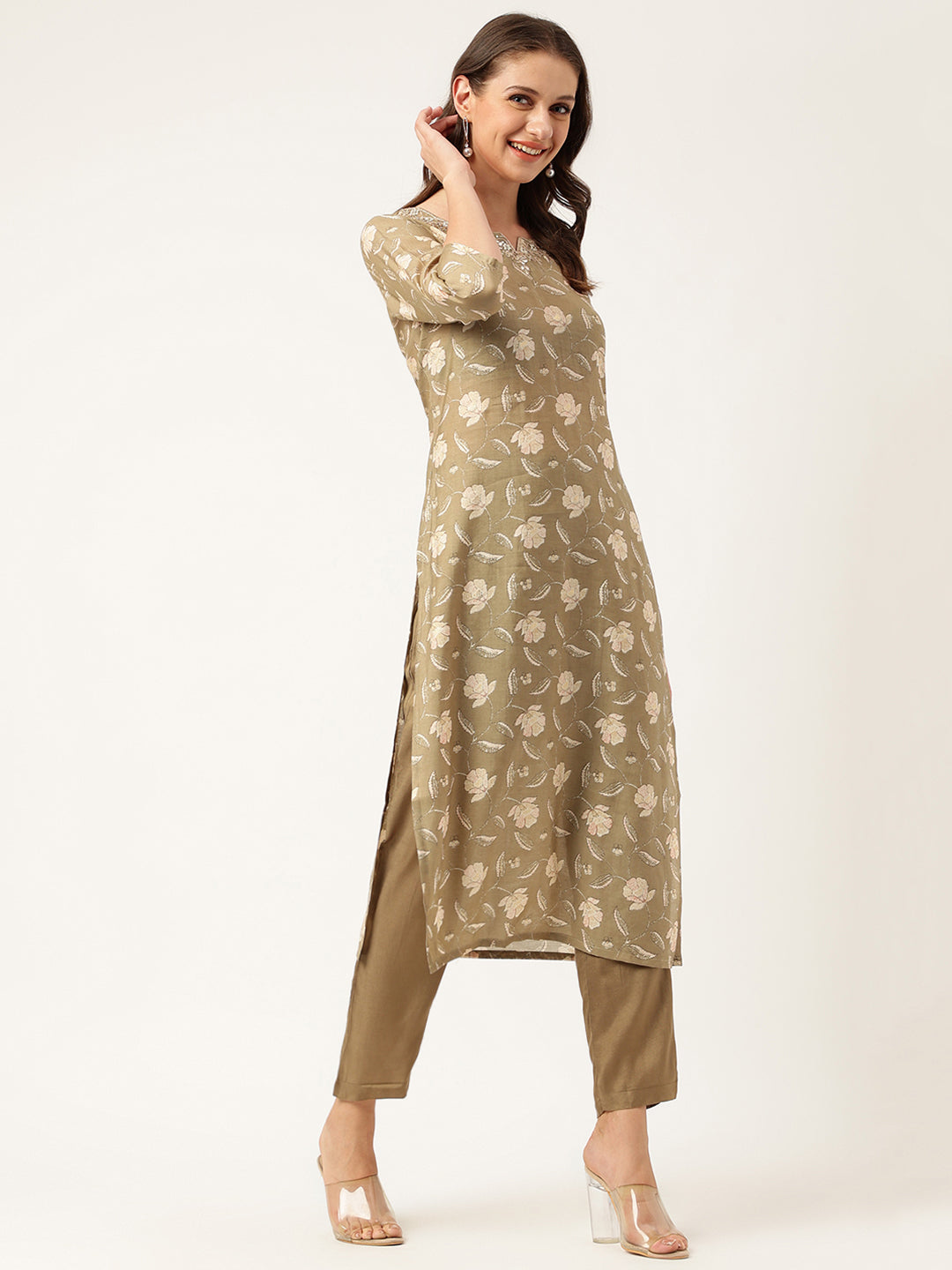 Olive Embroidered Cotton Kurta Trouser With Dupatta Set | LASVINI - Redefining Indian Fashion with Elegance