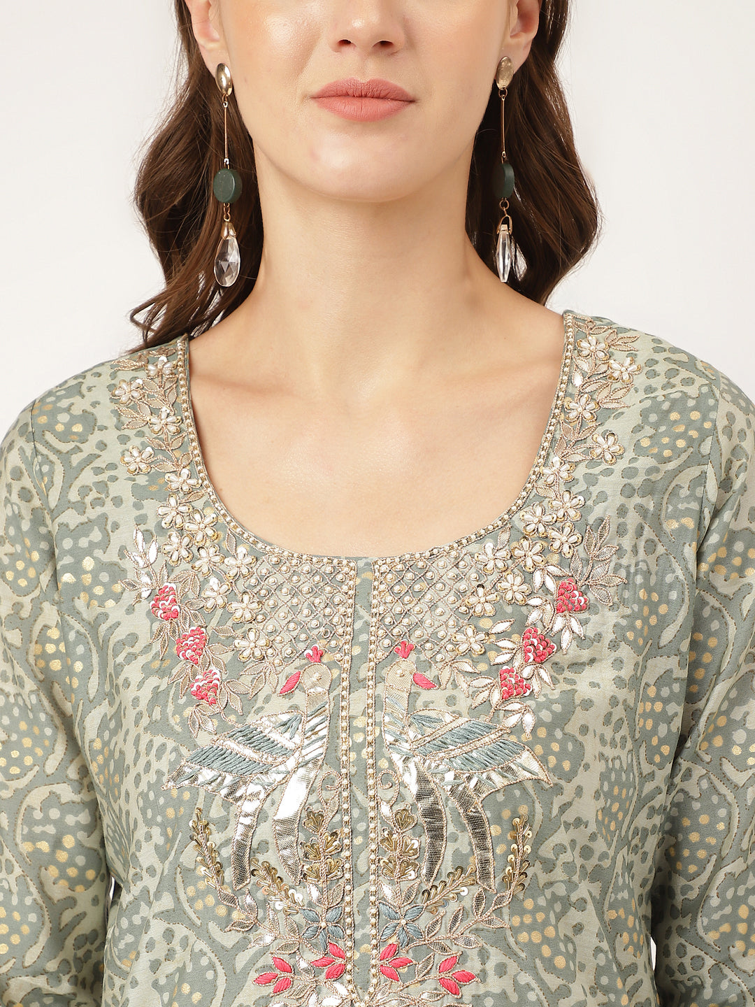 Green Floral Print Chanderi Kurta, Trouser With Dupatta | LASVINI - Redefining Indian Fashion with Elegance