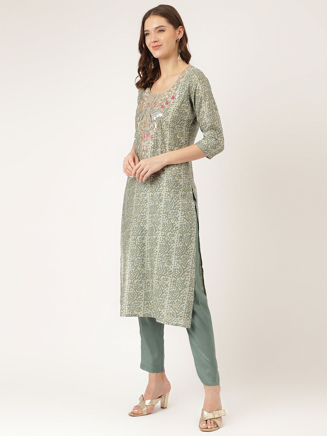 Green Floral Print Chanderi Kurta, Trouser With Dupatta | LASVINI - Redefining Indian Fashion with Elegance