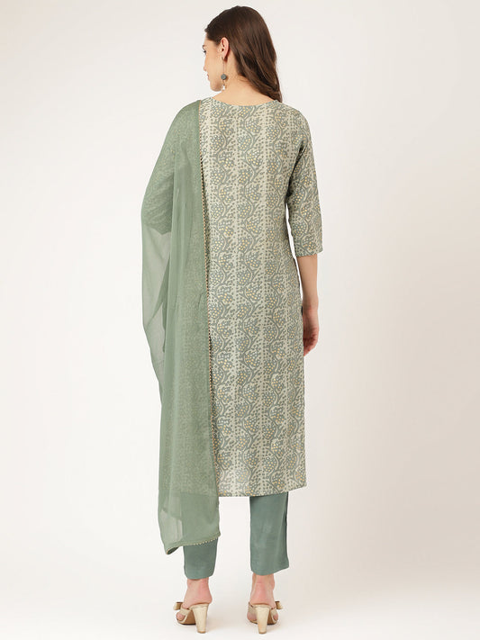 Green Floral Print Chanderi Kurta, Trouser With Dupatta | LASVINI - Redefining Indian Fashion with Elegance
