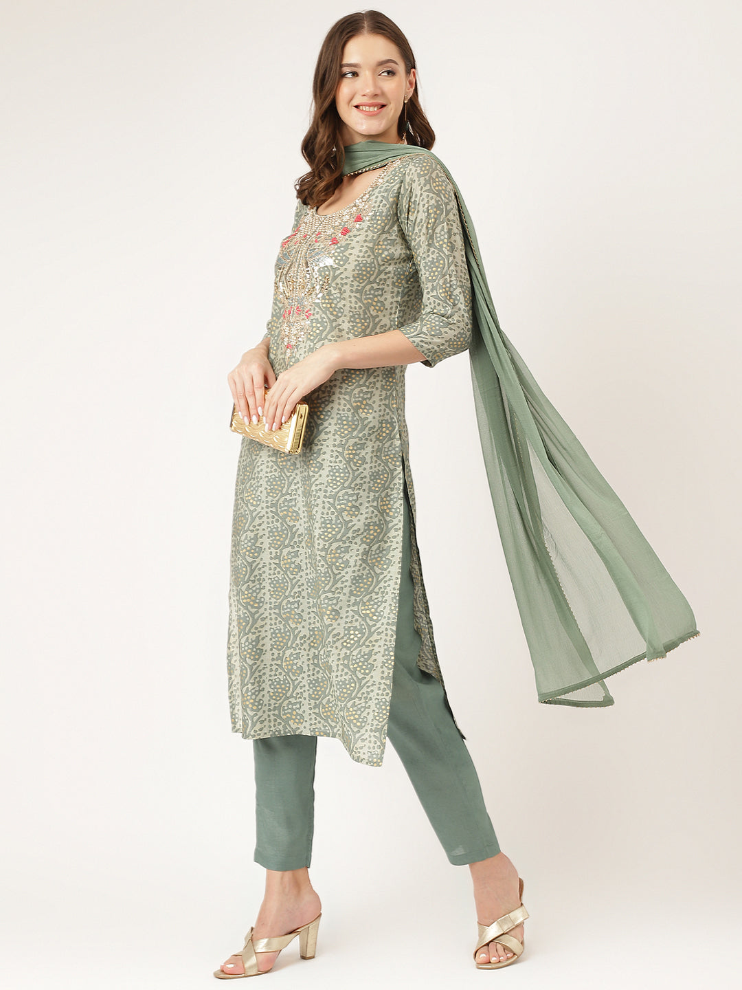 Green Floral Print Chanderi Kurta, Trouser With Dupatta | LASVINI - Redefining Indian Fashion with Elegance