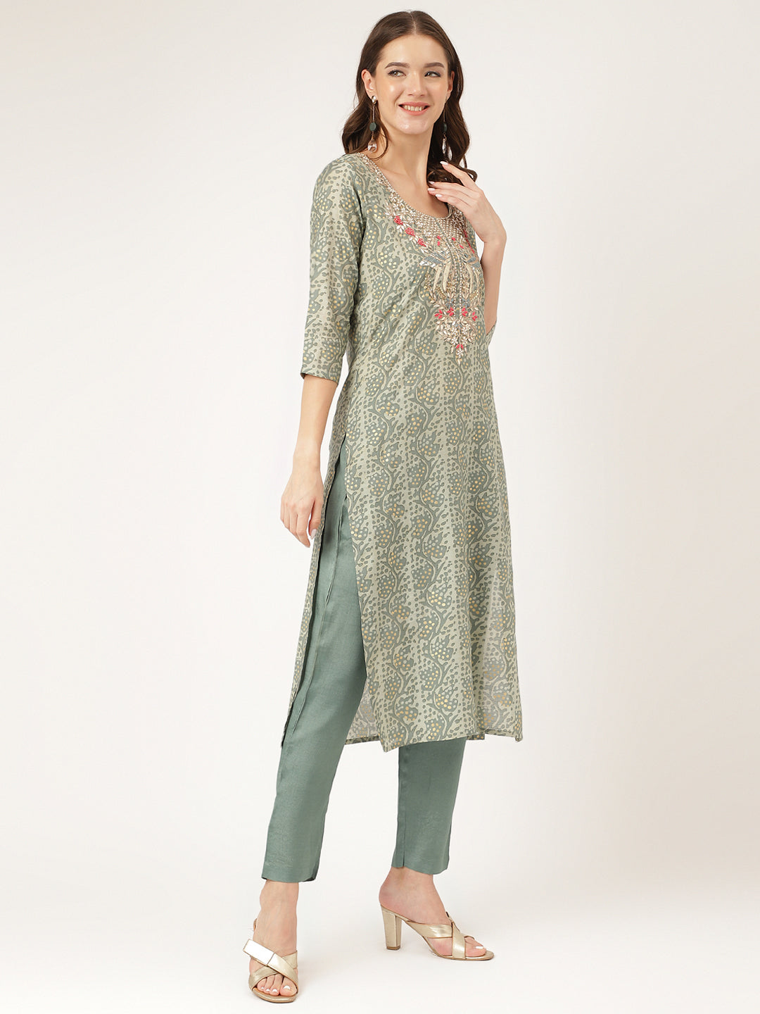 Green Floral Print Chanderi Kurta, Trouser With Dupatta | LASVINI - Redefining Indian Fashion with Elegance