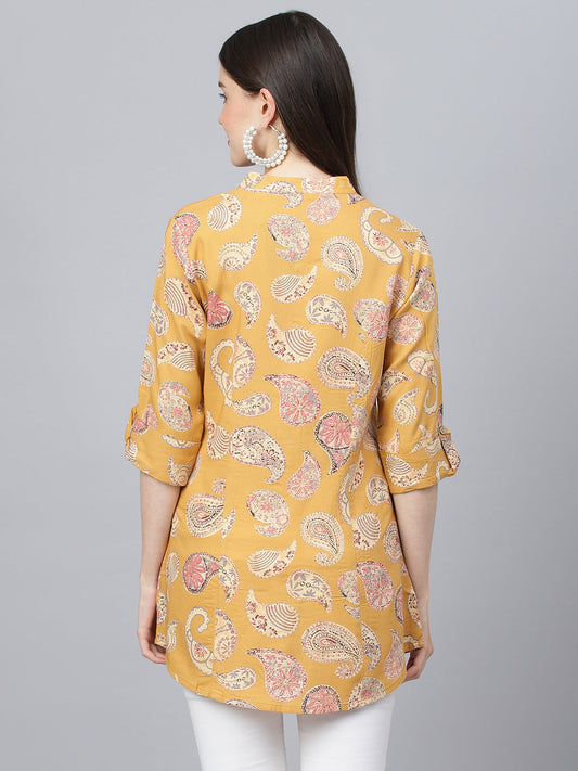 Women Mustard Floral Rayon A-Line Shirts Style Top | LASVINI - Redefining Indian Fashion with Elegance