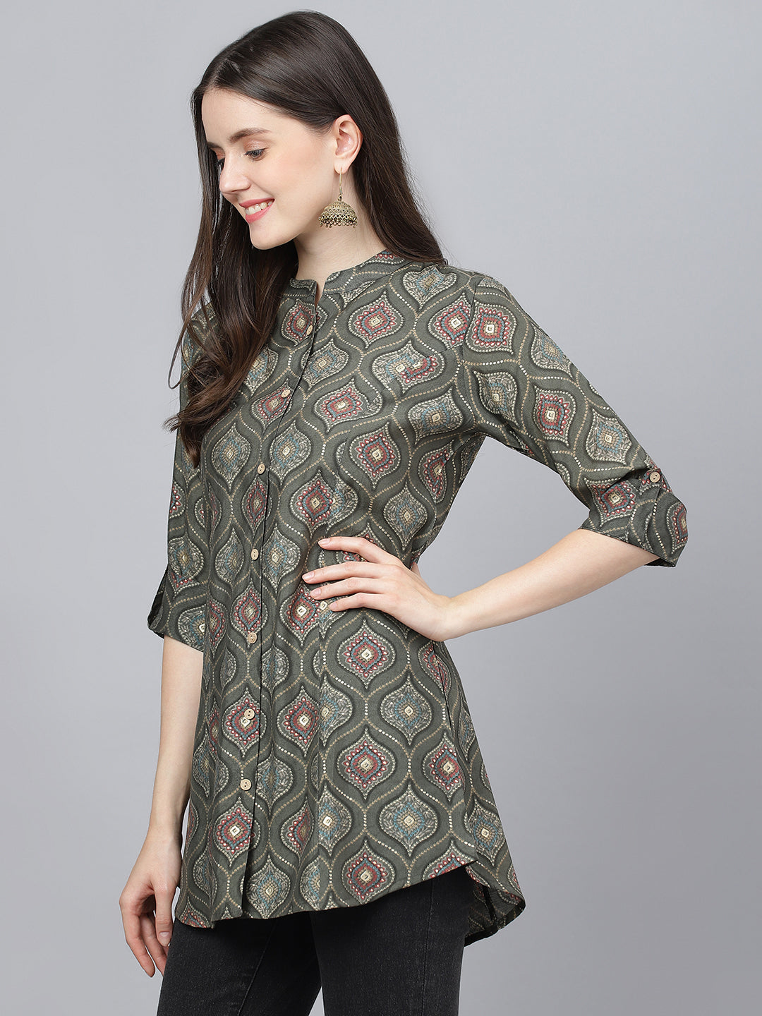 Women Gray Motif Printed Modal A-Line Shirts Style Top | LASVINI - Redefining Indian Fashion with Elegance