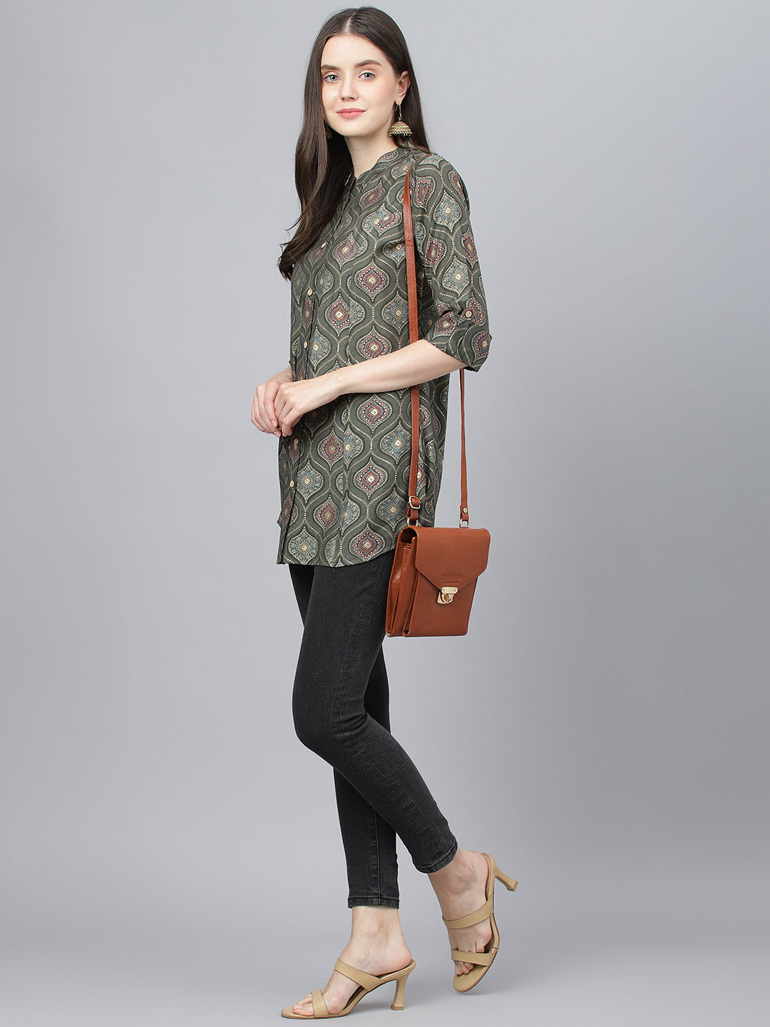 Women Gray Motif Printed Modal A-Line Shirts Style Top | LASVINI - Redefining Indian Fashion with Elegance