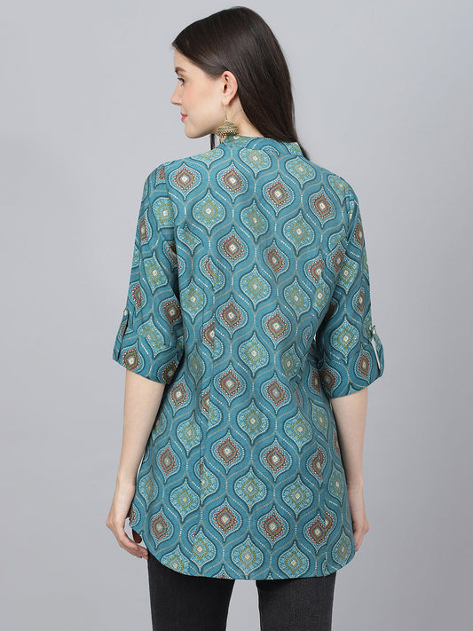 Women Teal Blue Motif Printed Modal A-Line Shirts Style Top | LASVINI - Redefining Indian Fashion with Elegance