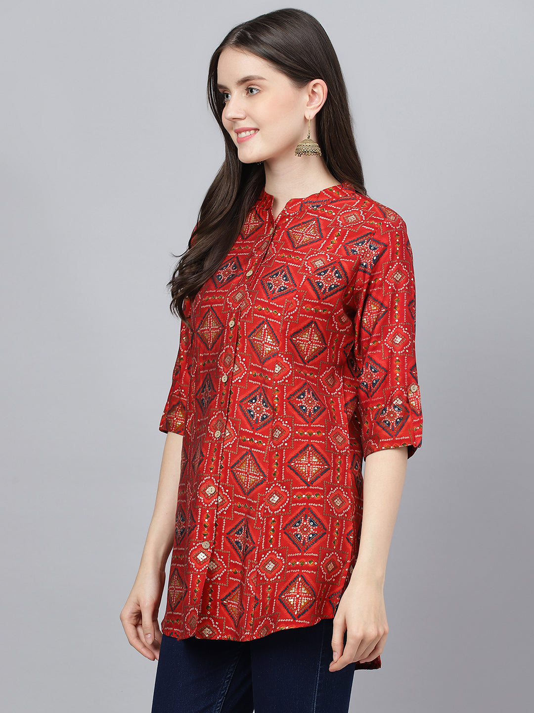 Women Red Bandhani Printed Modal A-Line Shirts Style Top | LASVINI - Redefining Indian Fashion with Elegance