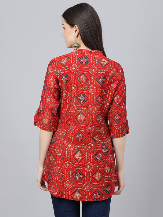 Women Red Bandhani Printed Modal A-Line Shirts Style Top | LASVINI - Redefining Indian Fashion with Elegance