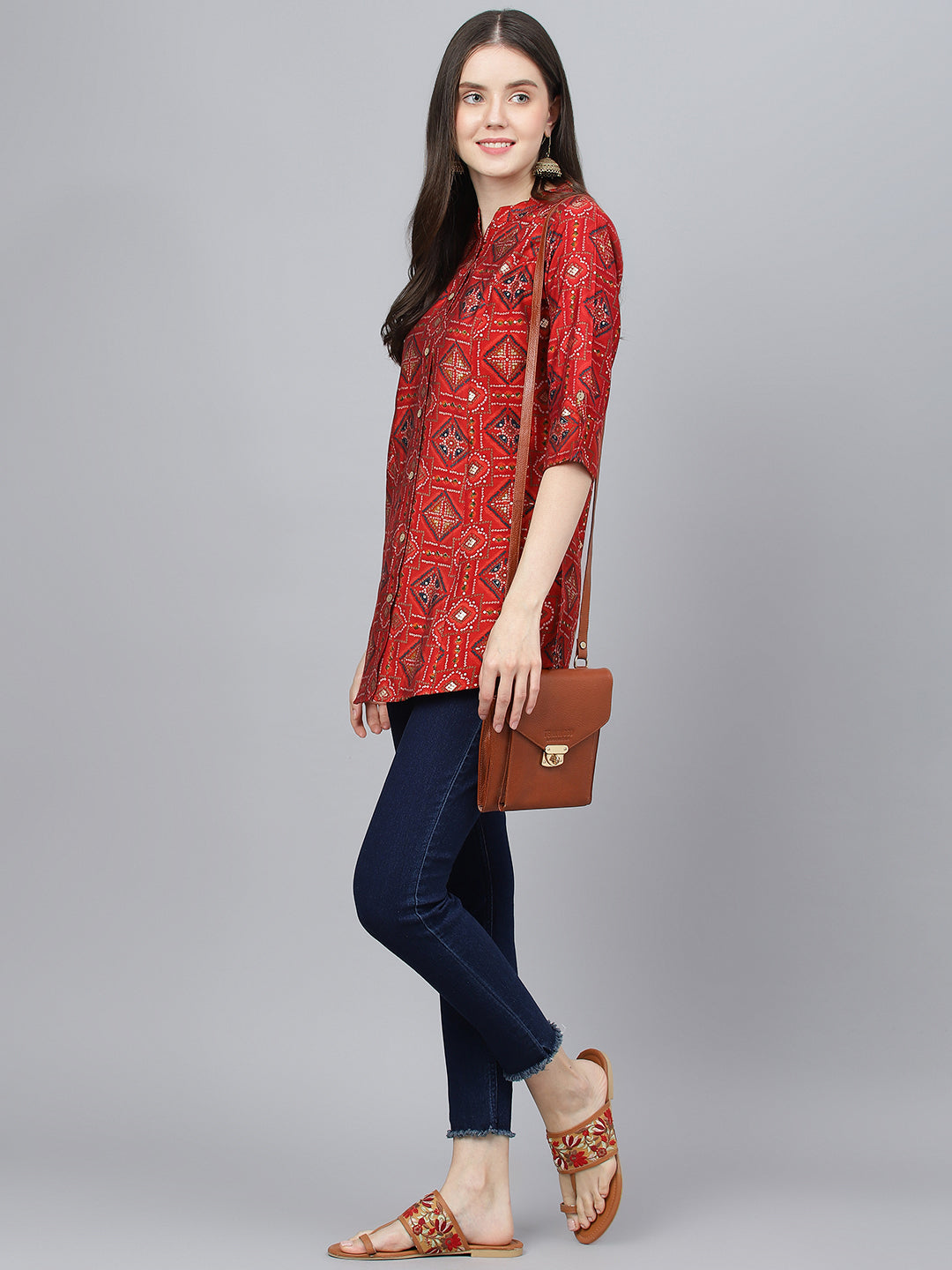 Women Red Bandhani Printed Modal A-Line Shirts Style Top | LASVINI - Redefining Indian Fashion with Elegance