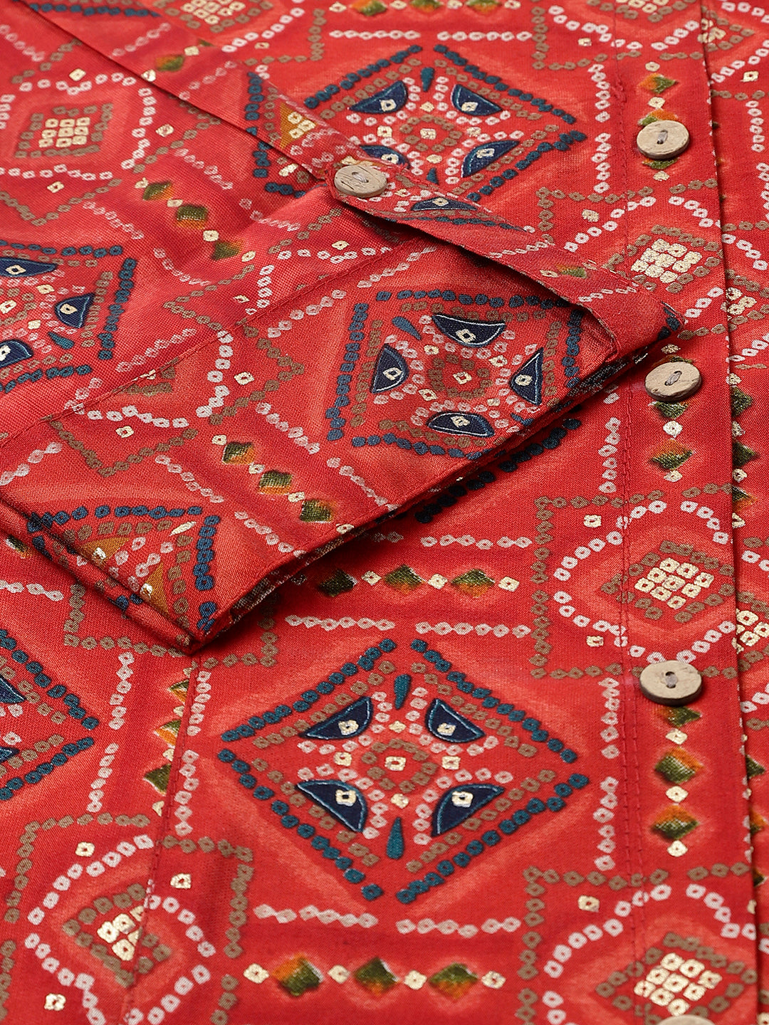 Women Red Bandhani Printed Modal A-Line Shirts Style Top | LASVINI - Redefining Indian Fashion with Elegance
