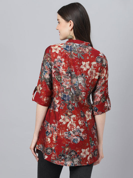 Women Maroon Floral Printed Modal A-Line Shirts Style Top | LASVINI - Redefining Indian Fashion with Elegance