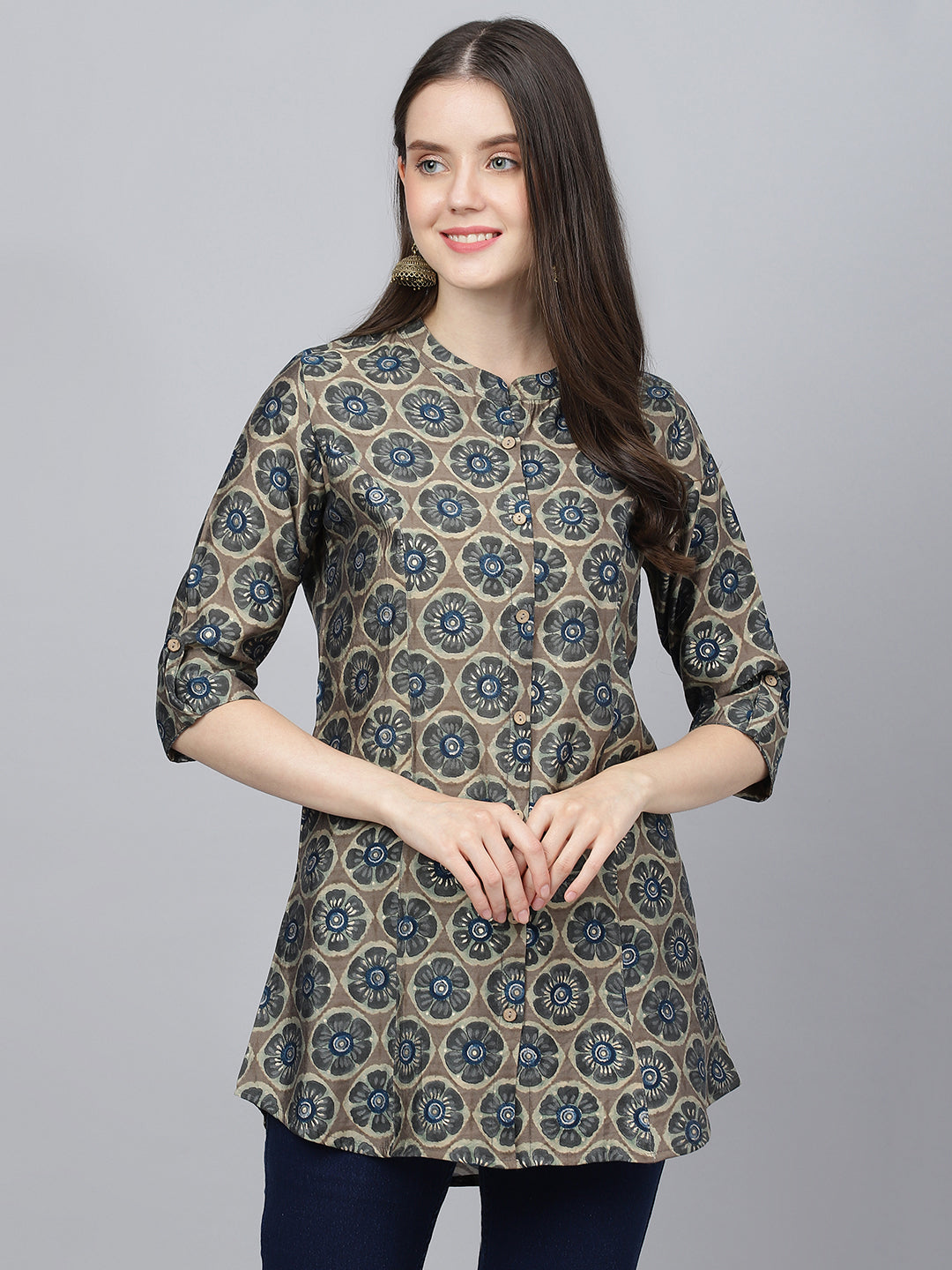 Women Brown Floral Printed Modal A-Line Shirts Style Top | LASVINI - Redefining Indian Fashion with Elegance