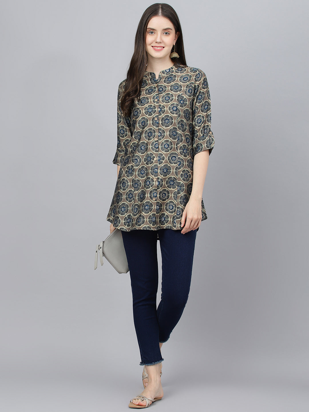 Women Brown Floral Printed Modal A-Line Shirts Style Top | LASVINI - Redefining Indian Fashion with Elegance