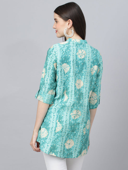 Women Sea Green Abstract Printed Modal A-Line Shirts Style Top | LASVINI - Redefining Indian Fashion with Elegance