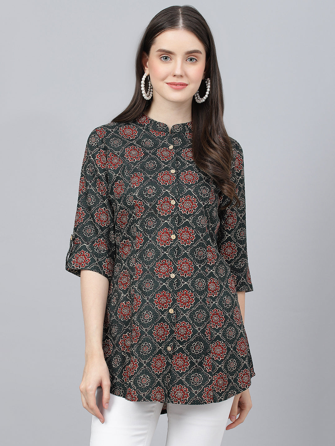 Women Black Abstract Printed Rayon A-Line Shirts Style Top | LASVINI - Redefining Indian Fashion with Elegance