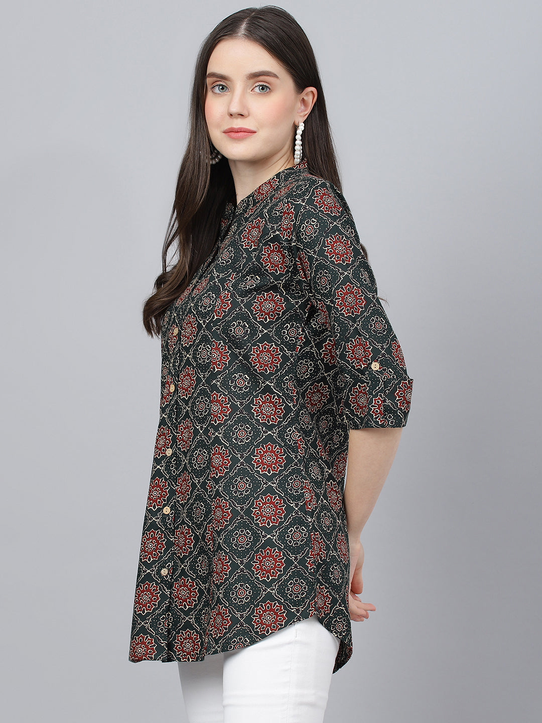 Women Black Abstract Printed Rayon A-Line Shirts Style Top | LASVINI - Redefining Indian Fashion with Elegance