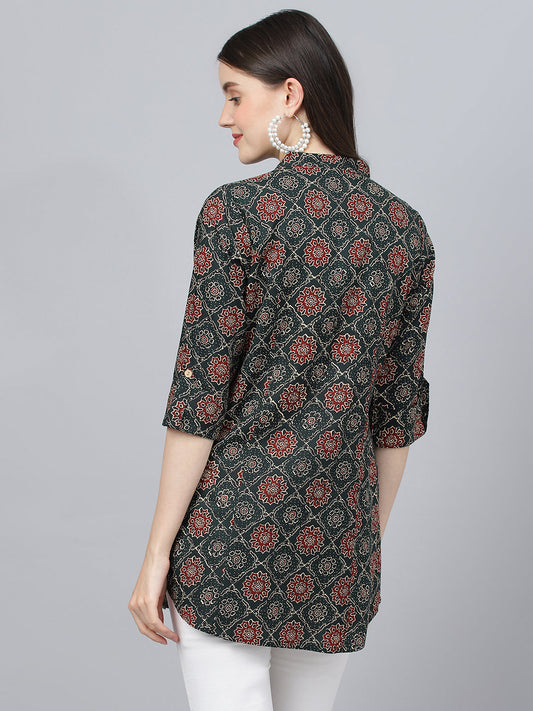 Women Black Abstract Printed Rayon A-Line Shirts Style Top | LASVINI - Redefining Indian Fashion with Elegance