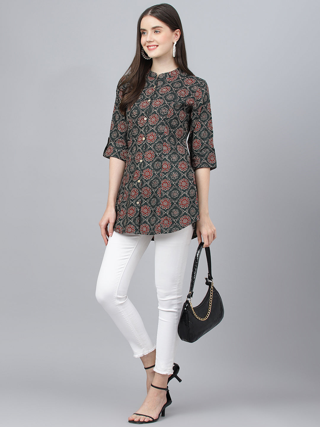 Women Black Abstract Printed Rayon A-Line Shirts Style Top | LASVINI - Redefining Indian Fashion with Elegance
