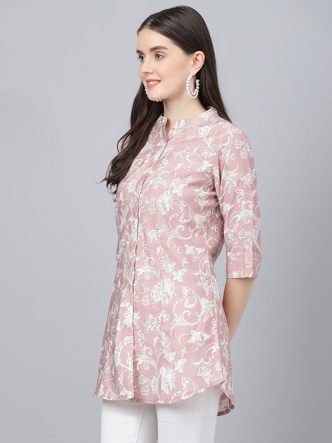 Women Dusty Pink Floral Printed Modal A-Line Shirts Style Top | LASVINI - Redefining Indian Fashion with Elegance