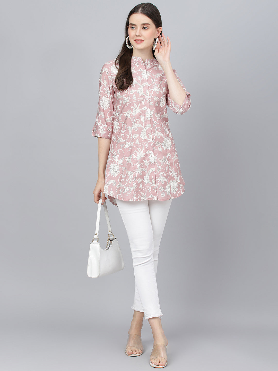 Women Dusty Pink Floral Printed Modal A-Line Shirts Style Top | LASVINI - Redefining Indian Fashion with Elegance