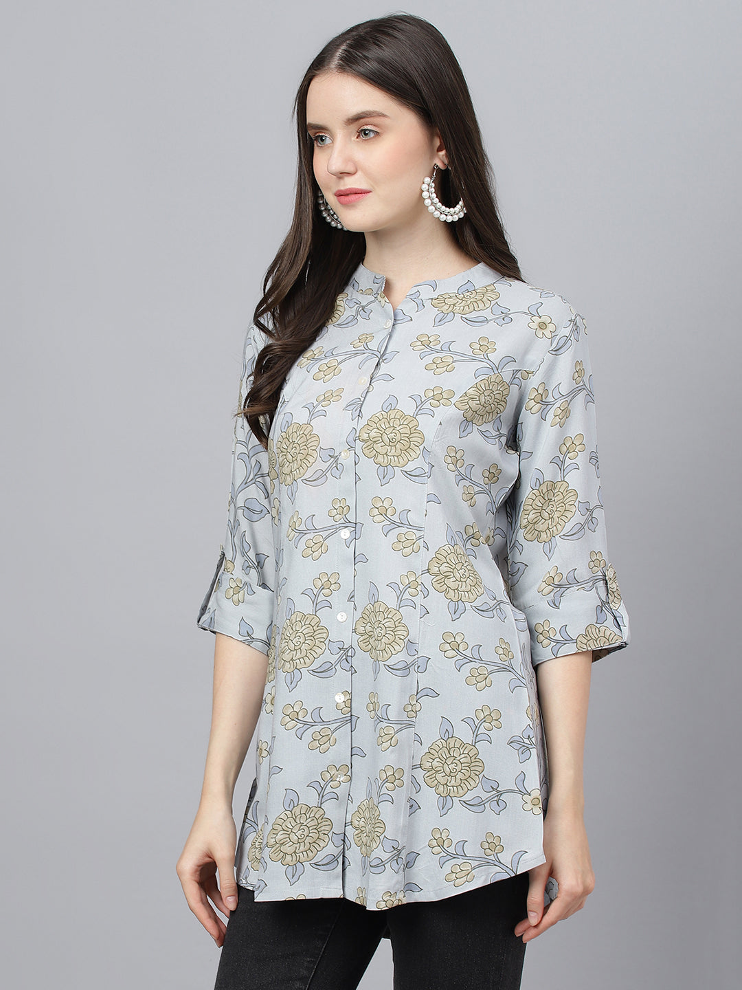 Women Dusty Blue Floral Printed Rayon A-Line Shirts Style Top | LASVINI - Redefining Indian Fashion with Elegance
