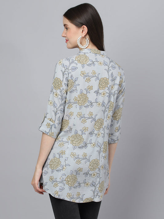 Women Dusty Blue Floral Printed Rayon A-Line Shirts Style Top | LASVINI - Redefining Indian Fashion with Elegance