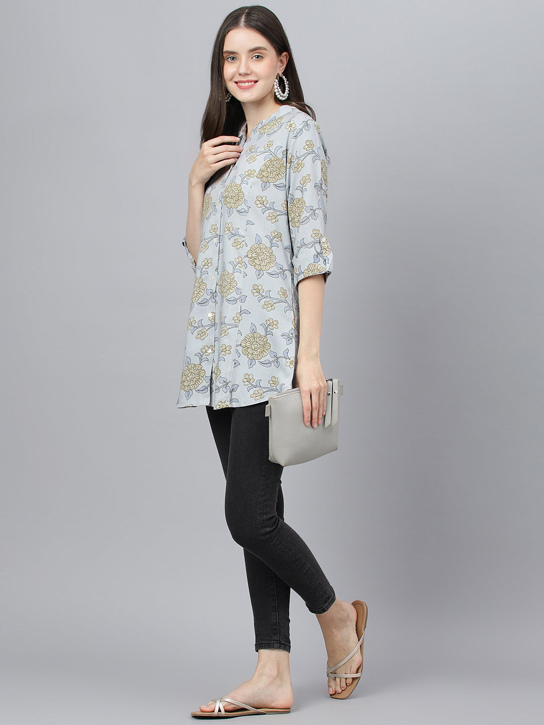 Women Dusty Blue Floral Printed Rayon A-Line Shirts Style Top | LASVINI - Redefining Indian Fashion with Elegance