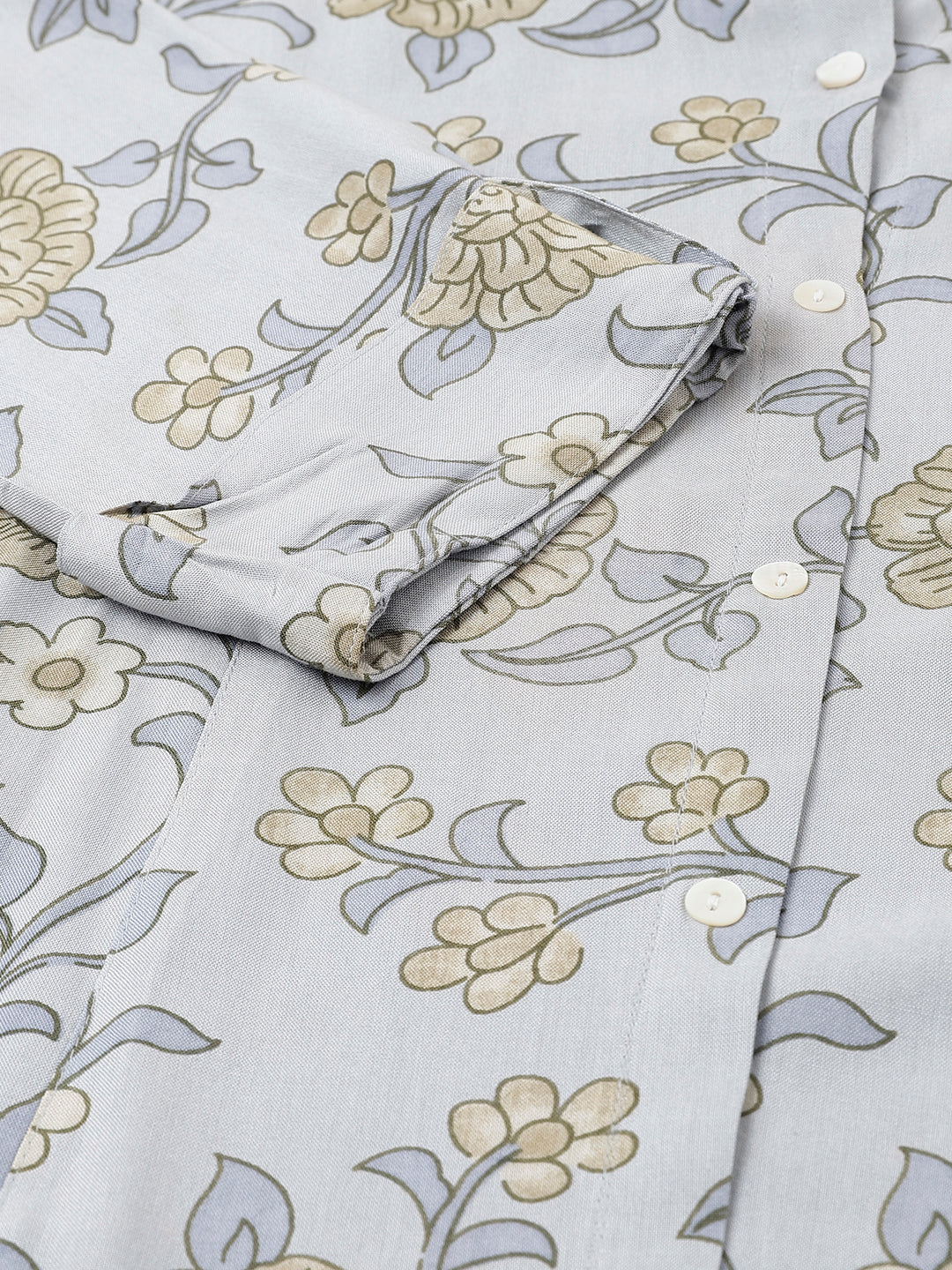 Women Dusty Blue Floral Printed Rayon A-Line Shirts Style Top | LASVINI - Redefining Indian Fashion with Elegance