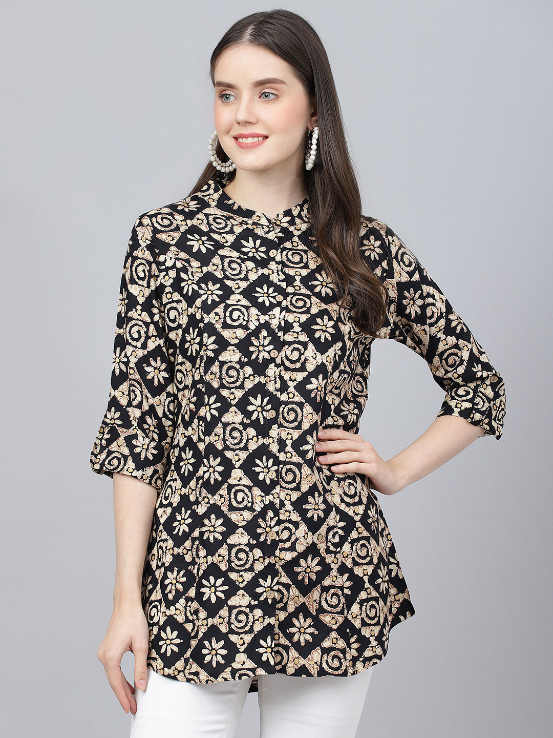 Women Black Floral Printed Rayon A-Line Shirts Style Top | LASVINI - Redefining Indian Fashion with Elegance