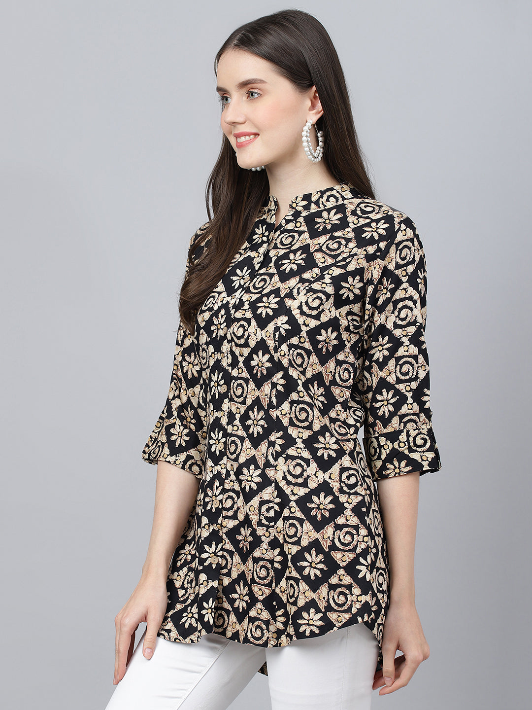 Women Black Floral Printed Rayon A-Line Shirts Style Top | LASVINI - Redefining Indian Fashion with Elegance