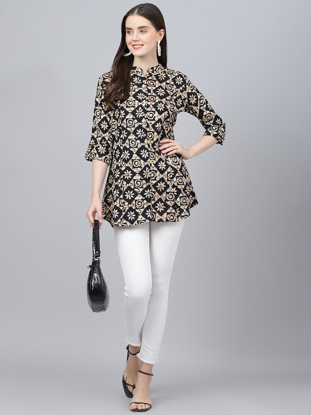 Women Black Floral Printed Rayon A-Line Shirts Style Top | LASVINI - Redefining Indian Fashion with Elegance